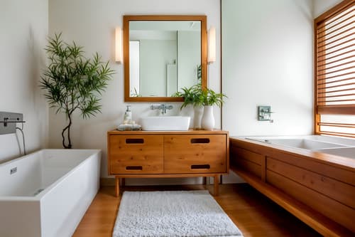 photo from pinterest of zen-style interior designed (bathroom interior) with bath rail and shower and bathroom cabinet and plant and bath towel and waste basket and mirror and bathroom sink with faucet. . with asian zen interior and simple furniture and simplicity and serenity and harmony and asian zen interior and japanese minimalist interior and clutter free and japanese minimalist interior. . cinematic photo, highly detailed, cinematic lighting, ultra-detailed, ultrarealistic, photorealism, 8k. trending on pinterest. zen interior design style. masterpiece, cinematic light, ultrarealistic+, photorealistic+, 8k, raw photo, realistic, sharp focus on eyes, (symmetrical eyes), (intact eyes), hyperrealistic, highest quality, best quality, , highly detailed, masterpiece, best quality, extremely detailed 8k wallpaper, masterpiece, best quality, ultra-detailed, best shadow, detailed background, detailed face, detailed eyes, high contrast, best illumination, detailed face, dulux, caustic, dynamic angle, detailed glow. dramatic lighting. highly detailed, insanely detailed hair, symmetrical, intricate details, professionally retouched, 8k high definition. strong bokeh. award winning photo.