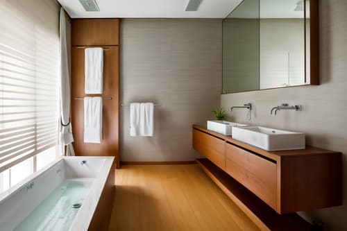 photo from pinterest of zen-style interior designed (hotel bathroom interior) with toilet seat and bath towel and mirror and bathroom cabinet and bathtub and bathroom sink with faucet and waste basket and shower. . with simplicity and serenity and harmony and simple furniture and natural textures and clean lines and japanese minimalist interior and mimimalist and asian zen interior. . cinematic photo, highly detailed, cinematic lighting, ultra-detailed, ultrarealistic, photorealism, 8k. trending on pinterest. zen interior design style. masterpiece, cinematic light, ultrarealistic+, photorealistic+, 8k, raw photo, realistic, sharp focus on eyes, (symmetrical eyes), (intact eyes), hyperrealistic, highest quality, best quality, , highly detailed, masterpiece, best quality, extremely detailed 8k wallpaper, masterpiece, best quality, ultra-detailed, best shadow, detailed background, detailed face, detailed eyes, high contrast, best illumination, detailed face, dulux, caustic, dynamic angle, detailed glow. dramatic lighting. highly detailed, insanely detailed hair, symmetrical, intricate details, professionally retouched, 8k high definition. strong bokeh. award winning photo.