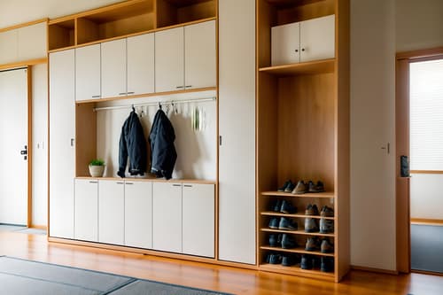 photo from pinterest of zen-style interior designed (drop zone interior) with storage baskets and shelves for shoes and cabinets and lockers and wall hooks for coats and storage drawers and cubbies and high up storage. . with japanese minimalist interior and japanese minimalist interior and simplicity and clean lines and natural light and serenity and harmony and asian zen interior and asian interior. . cinematic photo, highly detailed, cinematic lighting, ultra-detailed, ultrarealistic, photorealism, 8k. trending on pinterest. zen interior design style. masterpiece, cinematic light, ultrarealistic+, photorealistic+, 8k, raw photo, realistic, sharp focus on eyes, (symmetrical eyes), (intact eyes), hyperrealistic, highest quality, best quality, , highly detailed, masterpiece, best quality, extremely detailed 8k wallpaper, masterpiece, best quality, ultra-detailed, best shadow, detailed background, detailed face, detailed eyes, high contrast, best illumination, detailed face, dulux, caustic, dynamic angle, detailed glow. dramatic lighting. highly detailed, insanely detailed hair, symmetrical, intricate details, professionally retouched, 8k high definition. strong bokeh. award winning photo.