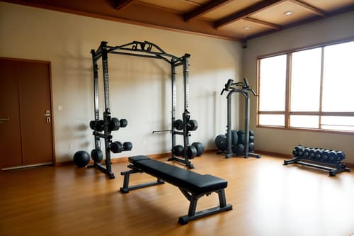 photo from pinterest of zen-style interior designed (fitness gym interior) with crosstrainer and bench press and dumbbell stand and exercise bicycle and squat rack and crosstrainer. . with serenity and harmony and calm and neutral colors and japanese interior and natural light and japanese minimalist interior and simple furniture and asian zen interior and asian interior. . cinematic photo, highly detailed, cinematic lighting, ultra-detailed, ultrarealistic, photorealism, 8k. trending on pinterest. zen interior design style. masterpiece, cinematic light, ultrarealistic+, photorealistic+, 8k, raw photo, realistic, sharp focus on eyes, (symmetrical eyes), (intact eyes), hyperrealistic, highest quality, best quality, , highly detailed, masterpiece, best quality, extremely detailed 8k wallpaper, masterpiece, best quality, ultra-detailed, best shadow, detailed background, detailed face, detailed eyes, high contrast, best illumination, detailed face, dulux, caustic, dynamic angle, detailed glow. dramatic lighting. highly detailed, insanely detailed hair, symmetrical, intricate details, professionally retouched, 8k high definition. strong bokeh. award winning photo.