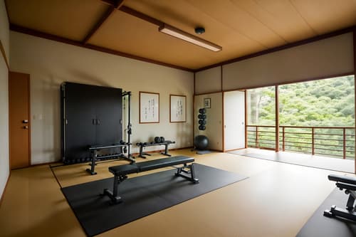 photo from pinterest of zen-style interior designed (fitness gym interior) with crosstrainer and bench press and dumbbell stand and exercise bicycle and squat rack and crosstrainer. . with serenity and harmony and calm and neutral colors and japanese interior and natural light and japanese minimalist interior and simple furniture and asian zen interior and asian interior. . cinematic photo, highly detailed, cinematic lighting, ultra-detailed, ultrarealistic, photorealism, 8k. trending on pinterest. zen interior design style. masterpiece, cinematic light, ultrarealistic+, photorealistic+, 8k, raw photo, realistic, sharp focus on eyes, (symmetrical eyes), (intact eyes), hyperrealistic, highest quality, best quality, , highly detailed, masterpiece, best quality, extremely detailed 8k wallpaper, masterpiece, best quality, ultra-detailed, best shadow, detailed background, detailed face, detailed eyes, high contrast, best illumination, detailed face, dulux, caustic, dynamic angle, detailed glow. dramatic lighting. highly detailed, insanely detailed hair, symmetrical, intricate details, professionally retouched, 8k high definition. strong bokeh. award winning photo.
