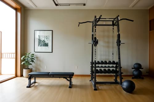 photo from pinterest of zen-style interior designed (fitness gym interior) with crosstrainer and bench press and dumbbell stand and exercise bicycle and squat rack and crosstrainer. . with serenity and harmony and calm and neutral colors and japanese interior and natural light and japanese minimalist interior and simple furniture and asian zen interior and asian interior. . cinematic photo, highly detailed, cinematic lighting, ultra-detailed, ultrarealistic, photorealism, 8k. trending on pinterest. zen interior design style. masterpiece, cinematic light, ultrarealistic+, photorealistic+, 8k, raw photo, realistic, sharp focus on eyes, (symmetrical eyes), (intact eyes), hyperrealistic, highest quality, best quality, , highly detailed, masterpiece, best quality, extremely detailed 8k wallpaper, masterpiece, best quality, ultra-detailed, best shadow, detailed background, detailed face, detailed eyes, high contrast, best illumination, detailed face, dulux, caustic, dynamic angle, detailed glow. dramatic lighting. highly detailed, insanely detailed hair, symmetrical, intricate details, professionally retouched, 8k high definition. strong bokeh. award winning photo.