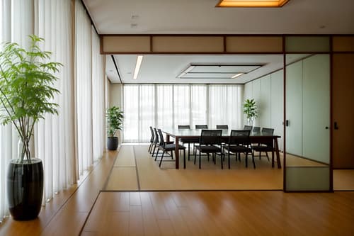 photo from pinterest of zen-style interior designed (meeting room interior) with plant and glass walls and cabinets and painting or photo on wall and vase and boardroom table and glass doors and office chairs. . with japanese minimalist interior and japanese minimalist interior and clutter free and japanese interior and calm and neutral colors and natural textures and japanese minimalist interior and serenity and harmony. . cinematic photo, highly detailed, cinematic lighting, ultra-detailed, ultrarealistic, photorealism, 8k. trending on pinterest. zen interior design style. masterpiece, cinematic light, ultrarealistic+, photorealistic+, 8k, raw photo, realistic, sharp focus on eyes, (symmetrical eyes), (intact eyes), hyperrealistic, highest quality, best quality, , highly detailed, masterpiece, best quality, extremely detailed 8k wallpaper, masterpiece, best quality, ultra-detailed, best shadow, detailed background, detailed face, detailed eyes, high contrast, best illumination, detailed face, dulux, caustic, dynamic angle, detailed glow. dramatic lighting. highly detailed, insanely detailed hair, symmetrical, intricate details, professionally retouched, 8k high definition. strong bokeh. award winning photo.