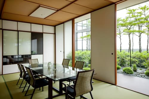 photo from pinterest of zen-style interior designed (meeting room interior) with plant and glass walls and cabinets and painting or photo on wall and vase and boardroom table and glass doors and office chairs. . with japanese minimalist interior and japanese minimalist interior and clutter free and japanese interior and calm and neutral colors and natural textures and japanese minimalist interior and serenity and harmony. . cinematic photo, highly detailed, cinematic lighting, ultra-detailed, ultrarealistic, photorealism, 8k. trending on pinterest. zen interior design style. masterpiece, cinematic light, ultrarealistic+, photorealistic+, 8k, raw photo, realistic, sharp focus on eyes, (symmetrical eyes), (intact eyes), hyperrealistic, highest quality, best quality, , highly detailed, masterpiece, best quality, extremely detailed 8k wallpaper, masterpiece, best quality, ultra-detailed, best shadow, detailed background, detailed face, detailed eyes, high contrast, best illumination, detailed face, dulux, caustic, dynamic angle, detailed glow. dramatic lighting. highly detailed, insanely detailed hair, symmetrical, intricate details, professionally retouched, 8k high definition. strong bokeh. award winning photo.