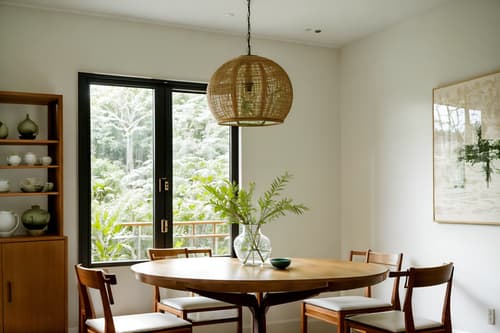 photo from pinterest of zen-style interior designed (dining room interior) with vase and dining table and plant and plates, cutlery and glasses on dining table and dining table chairs and painting or photo on wall and light or chandelier and bookshelves. . with serenity and harmony and natural light and natural textures and simplicity and asian interior and simple furniture and calm and neutral colors and japanese minimalist interior. . cinematic photo, highly detailed, cinematic lighting, ultra-detailed, ultrarealistic, photorealism, 8k. trending on pinterest. zen interior design style. masterpiece, cinematic light, ultrarealistic+, photorealistic+, 8k, raw photo, realistic, sharp focus on eyes, (symmetrical eyes), (intact eyes), hyperrealistic, highest quality, best quality, , highly detailed, masterpiece, best quality, extremely detailed 8k wallpaper, masterpiece, best quality, ultra-detailed, best shadow, detailed background, detailed face, detailed eyes, high contrast, best illumination, detailed face, dulux, caustic, dynamic angle, detailed glow. dramatic lighting. highly detailed, insanely detailed hair, symmetrical, intricate details, professionally retouched, 8k high definition. strong bokeh. award winning photo.