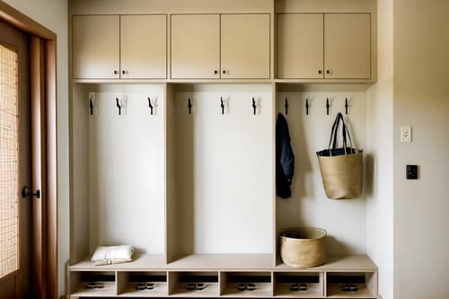 photo from pinterest of zen-style interior designed (mudroom interior) with storage baskets and wall hooks for coats and cabinets and shelves for shoes and storage drawers and cubbies and a bench and high up storage. . with asian zen interior and asian zen interior and japanese minimalist interior and serenity and harmony and simplicity and calm and neutral colors and japanese interior and japanese minimalist interior. . cinematic photo, highly detailed, cinematic lighting, ultra-detailed, ultrarealistic, photorealism, 8k. trending on pinterest. zen interior design style. masterpiece, cinematic light, ultrarealistic+, photorealistic+, 8k, raw photo, realistic, sharp focus on eyes, (symmetrical eyes), (intact eyes), hyperrealistic, highest quality, best quality, , highly detailed, masterpiece, best quality, extremely detailed 8k wallpaper, masterpiece, best quality, ultra-detailed, best shadow, detailed background, detailed face, detailed eyes, high contrast, best illumination, detailed face, dulux, caustic, dynamic angle, detailed glow. dramatic lighting. highly detailed, insanely detailed hair, symmetrical, intricate details, professionally retouched, 8k high definition. strong bokeh. award winning photo.
