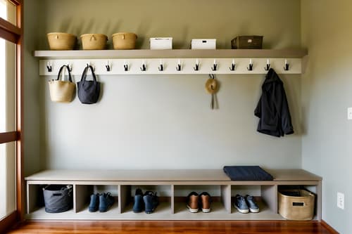 photo from pinterest of zen-style interior designed (mudroom interior) with storage baskets and wall hooks for coats and cabinets and shelves for shoes and storage drawers and cubbies and a bench and high up storage. . with asian zen interior and asian zen interior and japanese minimalist interior and serenity and harmony and simplicity and calm and neutral colors and japanese interior and japanese minimalist interior. . cinematic photo, highly detailed, cinematic lighting, ultra-detailed, ultrarealistic, photorealism, 8k. trending on pinterest. zen interior design style. masterpiece, cinematic light, ultrarealistic+, photorealistic+, 8k, raw photo, realistic, sharp focus on eyes, (symmetrical eyes), (intact eyes), hyperrealistic, highest quality, best quality, , highly detailed, masterpiece, best quality, extremely detailed 8k wallpaper, masterpiece, best quality, ultra-detailed, best shadow, detailed background, detailed face, detailed eyes, high contrast, best illumination, detailed face, dulux, caustic, dynamic angle, detailed glow. dramatic lighting. highly detailed, insanely detailed hair, symmetrical, intricate details, professionally retouched, 8k high definition. strong bokeh. award winning photo.