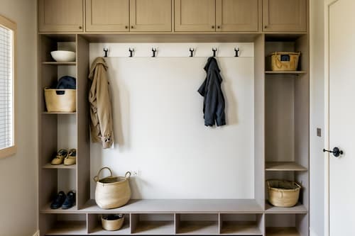 photo from pinterest of zen-style interior designed (mudroom interior) with storage baskets and wall hooks for coats and cabinets and shelves for shoes and storage drawers and cubbies and a bench and high up storage. . with asian zen interior and asian zen interior and japanese minimalist interior and serenity and harmony and simplicity and calm and neutral colors and japanese interior and japanese minimalist interior. . cinematic photo, highly detailed, cinematic lighting, ultra-detailed, ultrarealistic, photorealism, 8k. trending on pinterest. zen interior design style. masterpiece, cinematic light, ultrarealistic+, photorealistic+, 8k, raw photo, realistic, sharp focus on eyes, (symmetrical eyes), (intact eyes), hyperrealistic, highest quality, best quality, , highly detailed, masterpiece, best quality, extremely detailed 8k wallpaper, masterpiece, best quality, ultra-detailed, best shadow, detailed background, detailed face, detailed eyes, high contrast, best illumination, detailed face, dulux, caustic, dynamic angle, detailed glow. dramatic lighting. highly detailed, insanely detailed hair, symmetrical, intricate details, professionally retouched, 8k high definition. strong bokeh. award winning photo.