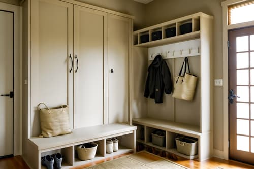photo from pinterest of zen-style interior designed (mudroom interior) with storage baskets and wall hooks for coats and cabinets and shelves for shoes and storage drawers and cubbies and a bench and high up storage. . with asian zen interior and asian zen interior and japanese minimalist interior and serenity and harmony and simplicity and calm and neutral colors and japanese interior and japanese minimalist interior. . cinematic photo, highly detailed, cinematic lighting, ultra-detailed, ultrarealistic, photorealism, 8k. trending on pinterest. zen interior design style. masterpiece, cinematic light, ultrarealistic+, photorealistic+, 8k, raw photo, realistic, sharp focus on eyes, (symmetrical eyes), (intact eyes), hyperrealistic, highest quality, best quality, , highly detailed, masterpiece, best quality, extremely detailed 8k wallpaper, masterpiece, best quality, ultra-detailed, best shadow, detailed background, detailed face, detailed eyes, high contrast, best illumination, detailed face, dulux, caustic, dynamic angle, detailed glow. dramatic lighting. highly detailed, insanely detailed hair, symmetrical, intricate details, professionally retouched, 8k high definition. strong bokeh. award winning photo.