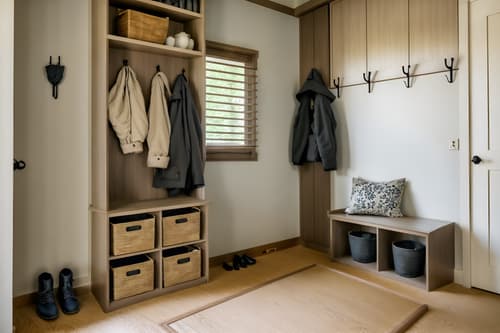 photo from pinterest of zen-style interior designed (mudroom interior) with storage baskets and wall hooks for coats and cabinets and shelves for shoes and storage drawers and cubbies and a bench and high up storage. . with asian zen interior and asian zen interior and japanese minimalist interior and serenity and harmony and simplicity and calm and neutral colors and japanese interior and japanese minimalist interior. . cinematic photo, highly detailed, cinematic lighting, ultra-detailed, ultrarealistic, photorealism, 8k. trending on pinterest. zen interior design style. masterpiece, cinematic light, ultrarealistic+, photorealistic+, 8k, raw photo, realistic, sharp focus on eyes, (symmetrical eyes), (intact eyes), hyperrealistic, highest quality, best quality, , highly detailed, masterpiece, best quality, extremely detailed 8k wallpaper, masterpiece, best quality, ultra-detailed, best shadow, detailed background, detailed face, detailed eyes, high contrast, best illumination, detailed face, dulux, caustic, dynamic angle, detailed glow. dramatic lighting. highly detailed, insanely detailed hair, symmetrical, intricate details, professionally retouched, 8k high definition. strong bokeh. award winning photo.