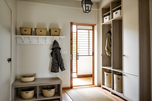 photo from pinterest of zen-style interior designed (mudroom interior) with storage baskets and wall hooks for coats and cabinets and shelves for shoes and storage drawers and cubbies and a bench and high up storage. . with asian zen interior and asian zen interior and japanese minimalist interior and serenity and harmony and simplicity and calm and neutral colors and japanese interior and japanese minimalist interior. . cinematic photo, highly detailed, cinematic lighting, ultra-detailed, ultrarealistic, photorealism, 8k. trending on pinterest. zen interior design style. masterpiece, cinematic light, ultrarealistic+, photorealistic+, 8k, raw photo, realistic, sharp focus on eyes, (symmetrical eyes), (intact eyes), hyperrealistic, highest quality, best quality, , highly detailed, masterpiece, best quality, extremely detailed 8k wallpaper, masterpiece, best quality, ultra-detailed, best shadow, detailed background, detailed face, detailed eyes, high contrast, best illumination, detailed face, dulux, caustic, dynamic angle, detailed glow. dramatic lighting. highly detailed, insanely detailed hair, symmetrical, intricate details, professionally retouched, 8k high definition. strong bokeh. award winning photo.