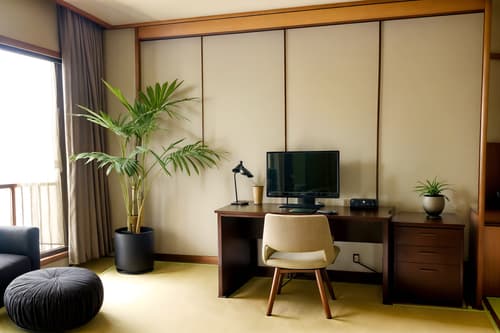 photo from pinterest of zen-style interior designed (hotel room interior) with accent chair and working desk with desk chair and dresser closet and storage bench or ottoman and mirror and bed and bedside table or night stand and plant. . with japanese minimalist interior and calm and neutral colors and asian zen interior and asian zen interior and asian interior and japanese minimalist interior and mimimalist and japanese interior. . cinematic photo, highly detailed, cinematic lighting, ultra-detailed, ultrarealistic, photorealism, 8k. trending on pinterest. zen interior design style. masterpiece, cinematic light, ultrarealistic+, photorealistic+, 8k, raw photo, realistic, sharp focus on eyes, (symmetrical eyes), (intact eyes), hyperrealistic, highest quality, best quality, , highly detailed, masterpiece, best quality, extremely detailed 8k wallpaper, masterpiece, best quality, ultra-detailed, best shadow, detailed background, detailed face, detailed eyes, high contrast, best illumination, detailed face, dulux, caustic, dynamic angle, detailed glow. dramatic lighting. highly detailed, insanely detailed hair, symmetrical, intricate details, professionally retouched, 8k high definition. strong bokeh. award winning photo.