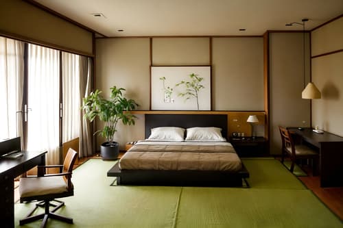 photo from pinterest of zen-style interior designed (hotel room interior) with accent chair and working desk with desk chair and dresser closet and storage bench or ottoman and mirror and bed and bedside table or night stand and plant. . with japanese minimalist interior and calm and neutral colors and asian zen interior and asian zen interior and asian interior and japanese minimalist interior and mimimalist and japanese interior. . cinematic photo, highly detailed, cinematic lighting, ultra-detailed, ultrarealistic, photorealism, 8k. trending on pinterest. zen interior design style. masterpiece, cinematic light, ultrarealistic+, photorealistic+, 8k, raw photo, realistic, sharp focus on eyes, (symmetrical eyes), (intact eyes), hyperrealistic, highest quality, best quality, , highly detailed, masterpiece, best quality, extremely detailed 8k wallpaper, masterpiece, best quality, ultra-detailed, best shadow, detailed background, detailed face, detailed eyes, high contrast, best illumination, detailed face, dulux, caustic, dynamic angle, detailed glow. dramatic lighting. highly detailed, insanely detailed hair, symmetrical, intricate details, professionally retouched, 8k high definition. strong bokeh. award winning photo.
