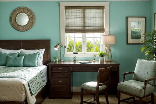 photo from pinterest of coastal-style interior designed (hotel room interior) with working desk with desk chair and plant and storage bench or ottoman and mirror and headboard and accent chair and night light and bedside table or night stand. . with . . cinematic photo, highly detailed, cinematic lighting, ultra-detailed, ultrarealistic, photorealism, 8k. trending on pinterest. coastal interior design style. masterpiece, cinematic light, ultrarealistic+, photorealistic+, 8k, raw photo, realistic, sharp focus on eyes, (symmetrical eyes), (intact eyes), hyperrealistic, highest quality, best quality, , highly detailed, masterpiece, best quality, extremely detailed 8k wallpaper, masterpiece, best quality, ultra-detailed, best shadow, detailed background, detailed face, detailed eyes, high contrast, best illumination, detailed face, dulux, caustic, dynamic angle, detailed glow. dramatic lighting. highly detailed, insanely detailed hair, symmetrical, intricate details, professionally retouched, 8k high definition. strong bokeh. award winning photo.