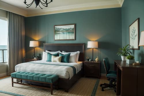 photo from pinterest of coastal-style interior designed (hotel room interior) with working desk with desk chair and plant and storage bench or ottoman and mirror and headboard and accent chair and night light and bedside table or night stand. . with . . cinematic photo, highly detailed, cinematic lighting, ultra-detailed, ultrarealistic, photorealism, 8k. trending on pinterest. coastal interior design style. masterpiece, cinematic light, ultrarealistic+, photorealistic+, 8k, raw photo, realistic, sharp focus on eyes, (symmetrical eyes), (intact eyes), hyperrealistic, highest quality, best quality, , highly detailed, masterpiece, best quality, extremely detailed 8k wallpaper, masterpiece, best quality, ultra-detailed, best shadow, detailed background, detailed face, detailed eyes, high contrast, best illumination, detailed face, dulux, caustic, dynamic angle, detailed glow. dramatic lighting. highly detailed, insanely detailed hair, symmetrical, intricate details, professionally retouched, 8k high definition. strong bokeh. award winning photo.