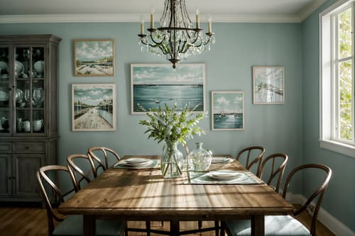 photo from pinterest of coastal-style interior designed (dining room interior) with dining table and painting or photo on wall and vase and table cloth and bookshelves and plant and light or chandelier and plates, cutlery and glasses on dining table. . with . . cinematic photo, highly detailed, cinematic lighting, ultra-detailed, ultrarealistic, photorealism, 8k. trending on pinterest. coastal interior design style. masterpiece, cinematic light, ultrarealistic+, photorealistic+, 8k, raw photo, realistic, sharp focus on eyes, (symmetrical eyes), (intact eyes), hyperrealistic, highest quality, best quality, , highly detailed, masterpiece, best quality, extremely detailed 8k wallpaper, masterpiece, best quality, ultra-detailed, best shadow, detailed background, detailed face, detailed eyes, high contrast, best illumination, detailed face, dulux, caustic, dynamic angle, detailed glow. dramatic lighting. highly detailed, insanely detailed hair, symmetrical, intricate details, professionally retouched, 8k high definition. strong bokeh. award winning photo.