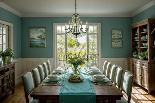 photo from pinterest of coastal-style interior designed (dining room interior) with dining table and painting or photo on wall and vase and table cloth and bookshelves and plant and light or chandelier and plates, cutlery and glasses on dining table. . with . . cinematic photo, highly detailed, cinematic lighting, ultra-detailed, ultrarealistic, photorealism, 8k. trending on pinterest. coastal interior design style. masterpiece, cinematic light, ultrarealistic+, photorealistic+, 8k, raw photo, realistic, sharp focus on eyes, (symmetrical eyes), (intact eyes), hyperrealistic, highest quality, best quality, , highly detailed, masterpiece, best quality, extremely detailed 8k wallpaper, masterpiece, best quality, ultra-detailed, best shadow, detailed background, detailed face, detailed eyes, high contrast, best illumination, detailed face, dulux, caustic, dynamic angle, detailed glow. dramatic lighting. highly detailed, insanely detailed hair, symmetrical, intricate details, professionally retouched, 8k high definition. strong bokeh. award winning photo.