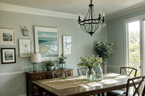 photo from pinterest of coastal-style interior designed (dining room interior) with dining table and painting or photo on wall and vase and table cloth and bookshelves and plant and light or chandelier and plates, cutlery and glasses on dining table. . with . . cinematic photo, highly detailed, cinematic lighting, ultra-detailed, ultrarealistic, photorealism, 8k. trending on pinterest. coastal interior design style. masterpiece, cinematic light, ultrarealistic+, photorealistic+, 8k, raw photo, realistic, sharp focus on eyes, (symmetrical eyes), (intact eyes), hyperrealistic, highest quality, best quality, , highly detailed, masterpiece, best quality, extremely detailed 8k wallpaper, masterpiece, best quality, ultra-detailed, best shadow, detailed background, detailed face, detailed eyes, high contrast, best illumination, detailed face, dulux, caustic, dynamic angle, detailed glow. dramatic lighting. highly detailed, insanely detailed hair, symmetrical, intricate details, professionally retouched, 8k high definition. strong bokeh. award winning photo.
