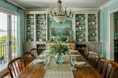 photo from pinterest of coastal-style interior designed (dining room interior) with dining table and painting or photo on wall and vase and table cloth and bookshelves and plant and light or chandelier and plates, cutlery and glasses on dining table. . with . . cinematic photo, highly detailed, cinematic lighting, ultra-detailed, ultrarealistic, photorealism, 8k. trending on pinterest. coastal interior design style. masterpiece, cinematic light, ultrarealistic+, photorealistic+, 8k, raw photo, realistic, sharp focus on eyes, (symmetrical eyes), (intact eyes), hyperrealistic, highest quality, best quality, , highly detailed, masterpiece, best quality, extremely detailed 8k wallpaper, masterpiece, best quality, ultra-detailed, best shadow, detailed background, detailed face, detailed eyes, high contrast, best illumination, detailed face, dulux, caustic, dynamic angle, detailed glow. dramatic lighting. highly detailed, insanely detailed hair, symmetrical, intricate details, professionally retouched, 8k high definition. strong bokeh. award winning photo.