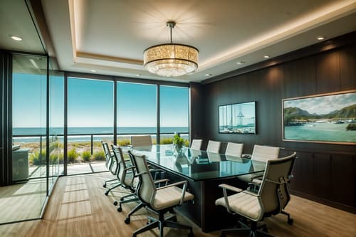 photo from pinterest of coastal-style interior designed (meeting room interior) with boardroom table and office chairs and painting or photo on wall and glass doors and glass walls and cabinets and plant and vase. . with . . cinematic photo, highly detailed, cinematic lighting, ultra-detailed, ultrarealistic, photorealism, 8k. trending on pinterest. coastal interior design style. masterpiece, cinematic light, ultrarealistic+, photorealistic+, 8k, raw photo, realistic, sharp focus on eyes, (symmetrical eyes), (intact eyes), hyperrealistic, highest quality, best quality, , highly detailed, masterpiece, best quality, extremely detailed 8k wallpaper, masterpiece, best quality, ultra-detailed, best shadow, detailed background, detailed face, detailed eyes, high contrast, best illumination, detailed face, dulux, caustic, dynamic angle, detailed glow. dramatic lighting. highly detailed, insanely detailed hair, symmetrical, intricate details, professionally retouched, 8k high definition. strong bokeh. award winning photo.
