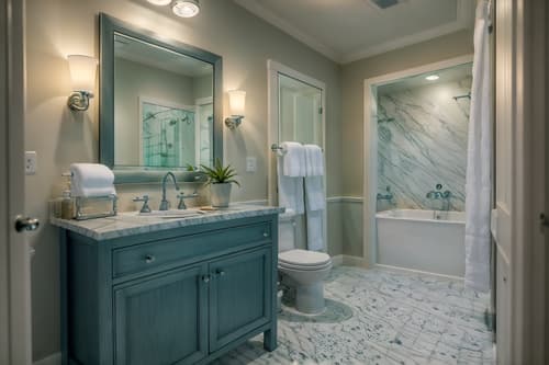 photo from pinterest of coastal-style interior designed (hotel bathroom interior) with bathroom sink with faucet and bathroom cabinet and waste basket and shower and bath towel and toilet seat and plant and mirror. . with . . cinematic photo, highly detailed, cinematic lighting, ultra-detailed, ultrarealistic, photorealism, 8k. trending on pinterest. coastal interior design style. masterpiece, cinematic light, ultrarealistic+, photorealistic+, 8k, raw photo, realistic, sharp focus on eyes, (symmetrical eyes), (intact eyes), hyperrealistic, highest quality, best quality, , highly detailed, masterpiece, best quality, extremely detailed 8k wallpaper, masterpiece, best quality, ultra-detailed, best shadow, detailed background, detailed face, detailed eyes, high contrast, best illumination, detailed face, dulux, caustic, dynamic angle, detailed glow. dramatic lighting. highly detailed, insanely detailed hair, symmetrical, intricate details, professionally retouched, 8k high definition. strong bokeh. award winning photo.