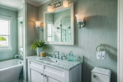 photo from pinterest of coastal-style interior designed (hotel bathroom interior) with bathroom sink with faucet and bathroom cabinet and waste basket and shower and bath towel and toilet seat and plant and mirror. . with . . cinematic photo, highly detailed, cinematic lighting, ultra-detailed, ultrarealistic, photorealism, 8k. trending on pinterest. coastal interior design style. masterpiece, cinematic light, ultrarealistic+, photorealistic+, 8k, raw photo, realistic, sharp focus on eyes, (symmetrical eyes), (intact eyes), hyperrealistic, highest quality, best quality, , highly detailed, masterpiece, best quality, extremely detailed 8k wallpaper, masterpiece, best quality, ultra-detailed, best shadow, detailed background, detailed face, detailed eyes, high contrast, best illumination, detailed face, dulux, caustic, dynamic angle, detailed glow. dramatic lighting. highly detailed, insanely detailed hair, symmetrical, intricate details, professionally retouched, 8k high definition. strong bokeh. award winning photo.
