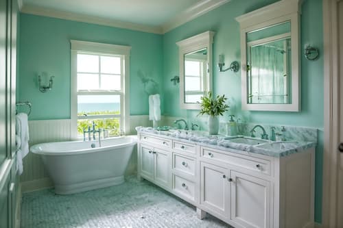 photo from pinterest of coastal-style interior designed (bathroom interior) with shower and bath towel and bathroom sink with faucet and bathtub and bathroom cabinet and toilet seat and bath rail and mirror. . with . . cinematic photo, highly detailed, cinematic lighting, ultra-detailed, ultrarealistic, photorealism, 8k. trending on pinterest. coastal interior design style. masterpiece, cinematic light, ultrarealistic+, photorealistic+, 8k, raw photo, realistic, sharp focus on eyes, (symmetrical eyes), (intact eyes), hyperrealistic, highest quality, best quality, , highly detailed, masterpiece, best quality, extremely detailed 8k wallpaper, masterpiece, best quality, ultra-detailed, best shadow, detailed background, detailed face, detailed eyes, high contrast, best illumination, detailed face, dulux, caustic, dynamic angle, detailed glow. dramatic lighting. highly detailed, insanely detailed hair, symmetrical, intricate details, professionally retouched, 8k high definition. strong bokeh. award winning photo.