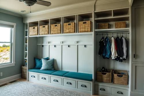 photo from pinterest of coastal-style interior designed (drop zone interior) with cubbies and cabinets and a bench and shelves for shoes and lockers and storage baskets and high up storage and storage drawers. . with . . cinematic photo, highly detailed, cinematic lighting, ultra-detailed, ultrarealistic, photorealism, 8k. trending on pinterest. coastal interior design style. masterpiece, cinematic light, ultrarealistic+, photorealistic+, 8k, raw photo, realistic, sharp focus on eyes, (symmetrical eyes), (intact eyes), hyperrealistic, highest quality, best quality, , highly detailed, masterpiece, best quality, extremely detailed 8k wallpaper, masterpiece, best quality, ultra-detailed, best shadow, detailed background, detailed face, detailed eyes, high contrast, best illumination, detailed face, dulux, caustic, dynamic angle, detailed glow. dramatic lighting. highly detailed, insanely detailed hair, symmetrical, intricate details, professionally retouched, 8k high definition. strong bokeh. award winning photo.