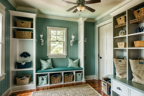 photo from pinterest of coastal-style interior designed (mudroom interior) with wall hooks for coats and cubbies and storage baskets and cabinets and high up storage and shelves for shoes and a bench and storage drawers. . with . . cinematic photo, highly detailed, cinematic lighting, ultra-detailed, ultrarealistic, photorealism, 8k. trending on pinterest. coastal interior design style. masterpiece, cinematic light, ultrarealistic+, photorealistic+, 8k, raw photo, realistic, sharp focus on eyes, (symmetrical eyes), (intact eyes), hyperrealistic, highest quality, best quality, , highly detailed, masterpiece, best quality, extremely detailed 8k wallpaper, masterpiece, best quality, ultra-detailed, best shadow, detailed background, detailed face, detailed eyes, high contrast, best illumination, detailed face, dulux, caustic, dynamic angle, detailed glow. dramatic lighting. highly detailed, insanely detailed hair, symmetrical, intricate details, professionally retouched, 8k high definition. strong bokeh. award winning photo.