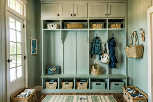 photo from pinterest of coastal-style interior designed (mudroom interior) with wall hooks for coats and cubbies and storage baskets and cabinets and high up storage and shelves for shoes and a bench and storage drawers. . with . . cinematic photo, highly detailed, cinematic lighting, ultra-detailed, ultrarealistic, photorealism, 8k. trending on pinterest. coastal interior design style. masterpiece, cinematic light, ultrarealistic+, photorealistic+, 8k, raw photo, realistic, sharp focus on eyes, (symmetrical eyes), (intact eyes), hyperrealistic, highest quality, best quality, , highly detailed, masterpiece, best quality, extremely detailed 8k wallpaper, masterpiece, best quality, ultra-detailed, best shadow, detailed background, detailed face, detailed eyes, high contrast, best illumination, detailed face, dulux, caustic, dynamic angle, detailed glow. dramatic lighting. highly detailed, insanely detailed hair, symmetrical, intricate details, professionally retouched, 8k high definition. strong bokeh. award winning photo.