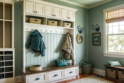 photo from pinterest of coastal-style interior designed (mudroom interior) with wall hooks for coats and cubbies and storage baskets and cabinets and high up storage and shelves for shoes and a bench and storage drawers. . with . . cinematic photo, highly detailed, cinematic lighting, ultra-detailed, ultrarealistic, photorealism, 8k. trending on pinterest. coastal interior design style. masterpiece, cinematic light, ultrarealistic+, photorealistic+, 8k, raw photo, realistic, sharp focus on eyes, (symmetrical eyes), (intact eyes), hyperrealistic, highest quality, best quality, , highly detailed, masterpiece, best quality, extremely detailed 8k wallpaper, masterpiece, best quality, ultra-detailed, best shadow, detailed background, detailed face, detailed eyes, high contrast, best illumination, detailed face, dulux, caustic, dynamic angle, detailed glow. dramatic lighting. highly detailed, insanely detailed hair, symmetrical, intricate details, professionally retouched, 8k high definition. strong bokeh. award winning photo.