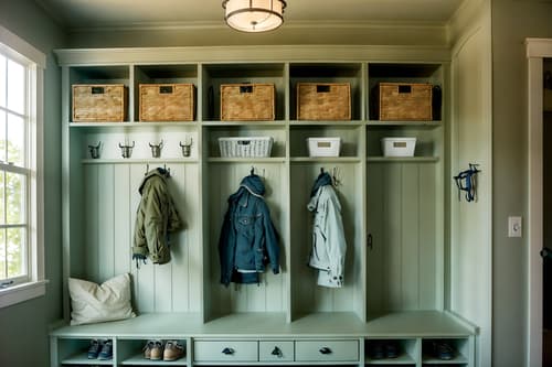 photo from pinterest of coastal-style interior designed (mudroom interior) with wall hooks for coats and cubbies and storage baskets and cabinets and high up storage and shelves for shoes and a bench and storage drawers. . with . . cinematic photo, highly detailed, cinematic lighting, ultra-detailed, ultrarealistic, photorealism, 8k. trending on pinterest. coastal interior design style. masterpiece, cinematic light, ultrarealistic+, photorealistic+, 8k, raw photo, realistic, sharp focus on eyes, (symmetrical eyes), (intact eyes), hyperrealistic, highest quality, best quality, , highly detailed, masterpiece, best quality, extremely detailed 8k wallpaper, masterpiece, best quality, ultra-detailed, best shadow, detailed background, detailed face, detailed eyes, high contrast, best illumination, detailed face, dulux, caustic, dynamic angle, detailed glow. dramatic lighting. highly detailed, insanely detailed hair, symmetrical, intricate details, professionally retouched, 8k high definition. strong bokeh. award winning photo.