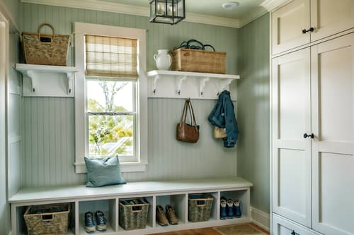 photo from pinterest of coastal-style interior designed (mudroom interior) with wall hooks for coats and cubbies and storage baskets and cabinets and high up storage and shelves for shoes and a bench and storage drawers. . with . . cinematic photo, highly detailed, cinematic lighting, ultra-detailed, ultrarealistic, photorealism, 8k. trending on pinterest. coastal interior design style. masterpiece, cinematic light, ultrarealistic+, photorealistic+, 8k, raw photo, realistic, sharp focus on eyes, (symmetrical eyes), (intact eyes), hyperrealistic, highest quality, best quality, , highly detailed, masterpiece, best quality, extremely detailed 8k wallpaper, masterpiece, best quality, ultra-detailed, best shadow, detailed background, detailed face, detailed eyes, high contrast, best illumination, detailed face, dulux, caustic, dynamic angle, detailed glow. dramatic lighting. highly detailed, insanely detailed hair, symmetrical, intricate details, professionally retouched, 8k high definition. strong bokeh. award winning photo.