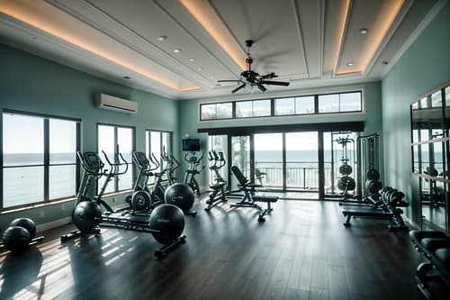 photo from pinterest of coastal-style interior designed (fitness gym interior) with exercise bicycle and squat rack and crosstrainer and bench press and dumbbell stand and exercise bicycle. . with . . cinematic photo, highly detailed, cinematic lighting, ultra-detailed, ultrarealistic, photorealism, 8k. trending on pinterest. coastal interior design style. masterpiece, cinematic light, ultrarealistic+, photorealistic+, 8k, raw photo, realistic, sharp focus on eyes, (symmetrical eyes), (intact eyes), hyperrealistic, highest quality, best quality, , highly detailed, masterpiece, best quality, extremely detailed 8k wallpaper, masterpiece, best quality, ultra-detailed, best shadow, detailed background, detailed face, detailed eyes, high contrast, best illumination, detailed face, dulux, caustic, dynamic angle, detailed glow. dramatic lighting. highly detailed, insanely detailed hair, symmetrical, intricate details, professionally retouched, 8k high definition. strong bokeh. award winning photo.