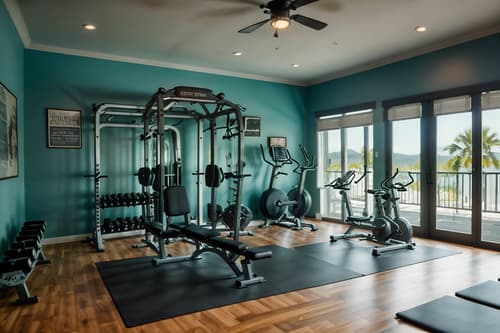 photo from pinterest of coastal-style interior designed (fitness gym interior) with exercise bicycle and squat rack and crosstrainer and bench press and dumbbell stand and exercise bicycle. . with . . cinematic photo, highly detailed, cinematic lighting, ultra-detailed, ultrarealistic, photorealism, 8k. trending on pinterest. coastal interior design style. masterpiece, cinematic light, ultrarealistic+, photorealistic+, 8k, raw photo, realistic, sharp focus on eyes, (symmetrical eyes), (intact eyes), hyperrealistic, highest quality, best quality, , highly detailed, masterpiece, best quality, extremely detailed 8k wallpaper, masterpiece, best quality, ultra-detailed, best shadow, detailed background, detailed face, detailed eyes, high contrast, best illumination, detailed face, dulux, caustic, dynamic angle, detailed glow. dramatic lighting. highly detailed, insanely detailed hair, symmetrical, intricate details, professionally retouched, 8k high definition. strong bokeh. award winning photo.