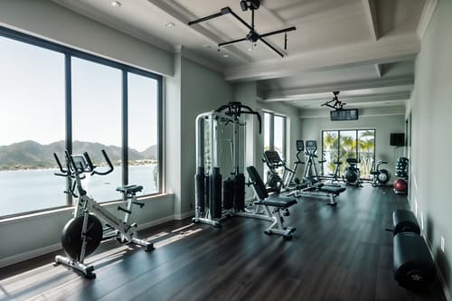 photo from pinterest of coastal-style interior designed (fitness gym interior) with exercise bicycle and squat rack and crosstrainer and bench press and dumbbell stand and exercise bicycle. . with . . cinematic photo, highly detailed, cinematic lighting, ultra-detailed, ultrarealistic, photorealism, 8k. trending on pinterest. coastal interior design style. masterpiece, cinematic light, ultrarealistic+, photorealistic+, 8k, raw photo, realistic, sharp focus on eyes, (symmetrical eyes), (intact eyes), hyperrealistic, highest quality, best quality, , highly detailed, masterpiece, best quality, extremely detailed 8k wallpaper, masterpiece, best quality, ultra-detailed, best shadow, detailed background, detailed face, detailed eyes, high contrast, best illumination, detailed face, dulux, caustic, dynamic angle, detailed glow. dramatic lighting. highly detailed, insanely detailed hair, symmetrical, intricate details, professionally retouched, 8k high definition. strong bokeh. award winning photo.