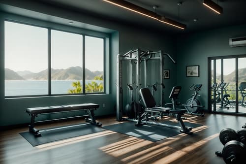 photo from pinterest of coastal-style interior designed (fitness gym interior) with exercise bicycle and squat rack and crosstrainer and bench press and dumbbell stand and exercise bicycle. . with . . cinematic photo, highly detailed, cinematic lighting, ultra-detailed, ultrarealistic, photorealism, 8k. trending on pinterest. coastal interior design style. masterpiece, cinematic light, ultrarealistic+, photorealistic+, 8k, raw photo, realistic, sharp focus on eyes, (symmetrical eyes), (intact eyes), hyperrealistic, highest quality, best quality, , highly detailed, masterpiece, best quality, extremely detailed 8k wallpaper, masterpiece, best quality, ultra-detailed, best shadow, detailed background, detailed face, detailed eyes, high contrast, best illumination, detailed face, dulux, caustic, dynamic angle, detailed glow. dramatic lighting. highly detailed, insanely detailed hair, symmetrical, intricate details, professionally retouched, 8k high definition. strong bokeh. award winning photo.