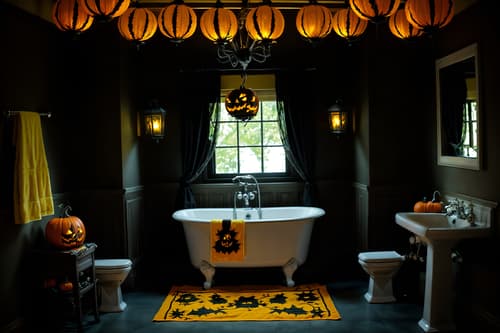 photo from pinterest of halloween-style interior designed (hotel bathroom interior) with bathroom sink with faucet and bathtub and bathroom cabinet and shower and bath rail and bath towel and waste basket and toilet seat. . with lanterns and spiderwebs and human skulls and yellow black balloons and lanterns and cobwebs and skeletons sitting and standing and glowing pumpkins. . cinematic photo, highly detailed, cinematic lighting, ultra-detailed, ultrarealistic, photorealism, 8k. trending on pinterest. halloween interior design style. masterpiece, cinematic light, ultrarealistic+, photorealistic+, 8k, raw photo, realistic, sharp focus on eyes, (symmetrical eyes), (intact eyes), hyperrealistic, highest quality, best quality, , highly detailed, masterpiece, best quality, extremely detailed 8k wallpaper, masterpiece, best quality, ultra-detailed, best shadow, detailed background, detailed face, detailed eyes, high contrast, best illumination, detailed face, dulux, caustic, dynamic angle, detailed glow. dramatic lighting. highly detailed, insanely detailed hair, symmetrical, intricate details, professionally retouched, 8k high definition. strong bokeh. award winning photo.