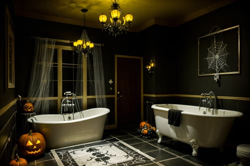 photo from pinterest of halloween-style interior designed (hotel bathroom interior) with bathroom sink with faucet and bathtub and bathroom cabinet and shower and bath rail and bath towel and waste basket and toilet seat. . with lanterns and spiderwebs and human skulls and yellow black balloons and lanterns and cobwebs and skeletons sitting and standing and glowing pumpkins. . cinematic photo, highly detailed, cinematic lighting, ultra-detailed, ultrarealistic, photorealism, 8k. trending on pinterest. halloween interior design style. masterpiece, cinematic light, ultrarealistic+, photorealistic+, 8k, raw photo, realistic, sharp focus on eyes, (symmetrical eyes), (intact eyes), hyperrealistic, highest quality, best quality, , highly detailed, masterpiece, best quality, extremely detailed 8k wallpaper, masterpiece, best quality, ultra-detailed, best shadow, detailed background, detailed face, detailed eyes, high contrast, best illumination, detailed face, dulux, caustic, dynamic angle, detailed glow. dramatic lighting. highly detailed, insanely detailed hair, symmetrical, intricate details, professionally retouched, 8k high definition. strong bokeh. award winning photo.