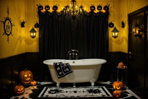 photo from pinterest of halloween-style interior designed (hotel bathroom interior) with bathroom sink with faucet and bathtub and bathroom cabinet and shower and bath rail and bath towel and waste basket and toilet seat. . with lanterns and spiderwebs and human skulls and yellow black balloons and lanterns and cobwebs and skeletons sitting and standing and glowing pumpkins. . cinematic photo, highly detailed, cinematic lighting, ultra-detailed, ultrarealistic, photorealism, 8k. trending on pinterest. halloween interior design style. masterpiece, cinematic light, ultrarealistic+, photorealistic+, 8k, raw photo, realistic, sharp focus on eyes, (symmetrical eyes), (intact eyes), hyperrealistic, highest quality, best quality, , highly detailed, masterpiece, best quality, extremely detailed 8k wallpaper, masterpiece, best quality, ultra-detailed, best shadow, detailed background, detailed face, detailed eyes, high contrast, best illumination, detailed face, dulux, caustic, dynamic angle, detailed glow. dramatic lighting. highly detailed, insanely detailed hair, symmetrical, intricate details, professionally retouched, 8k high definition. strong bokeh. award winning photo.