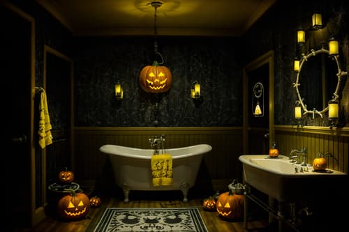 photo from pinterest of halloween-style interior designed (hotel bathroom interior) with bathroom sink with faucet and bathtub and bathroom cabinet and shower and bath rail and bath towel and waste basket and toilet seat. . with lanterns and spiderwebs and human skulls and yellow black balloons and lanterns and cobwebs and skeletons sitting and standing and glowing pumpkins. . cinematic photo, highly detailed, cinematic lighting, ultra-detailed, ultrarealistic, photorealism, 8k. trending on pinterest. halloween interior design style. masterpiece, cinematic light, ultrarealistic+, photorealistic+, 8k, raw photo, realistic, sharp focus on eyes, (symmetrical eyes), (intact eyes), hyperrealistic, highest quality, best quality, , highly detailed, masterpiece, best quality, extremely detailed 8k wallpaper, masterpiece, best quality, ultra-detailed, best shadow, detailed background, detailed face, detailed eyes, high contrast, best illumination, detailed face, dulux, caustic, dynamic angle, detailed glow. dramatic lighting. highly detailed, insanely detailed hair, symmetrical, intricate details, professionally retouched, 8k high definition. strong bokeh. award winning photo.