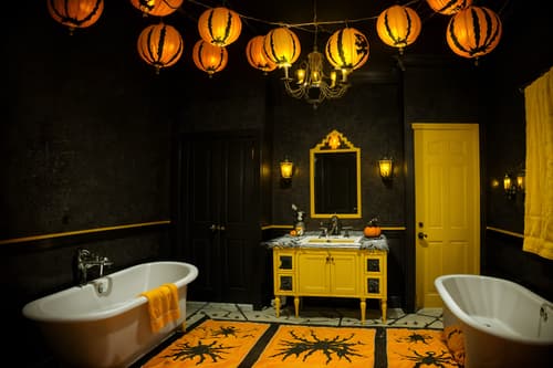photo from pinterest of halloween-style interior designed (hotel bathroom interior) with bathroom sink with faucet and bathtub and bathroom cabinet and shower and bath rail and bath towel and waste basket and toilet seat. . with lanterns and spiderwebs and human skulls and yellow black balloons and lanterns and cobwebs and skeletons sitting and standing and glowing pumpkins. . cinematic photo, highly detailed, cinematic lighting, ultra-detailed, ultrarealistic, photorealism, 8k. trending on pinterest. halloween interior design style. masterpiece, cinematic light, ultrarealistic+, photorealistic+, 8k, raw photo, realistic, sharp focus on eyes, (symmetrical eyes), (intact eyes), hyperrealistic, highest quality, best quality, , highly detailed, masterpiece, best quality, extremely detailed 8k wallpaper, masterpiece, best quality, ultra-detailed, best shadow, detailed background, detailed face, detailed eyes, high contrast, best illumination, detailed face, dulux, caustic, dynamic angle, detailed glow. dramatic lighting. highly detailed, insanely detailed hair, symmetrical, intricate details, professionally retouched, 8k high definition. strong bokeh. award winning photo.