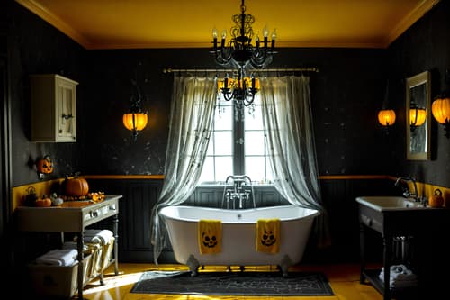 photo from pinterest of halloween-style interior designed (hotel bathroom interior) with bathroom sink with faucet and bathtub and bathroom cabinet and shower and bath rail and bath towel and waste basket and toilet seat. . with lanterns and spiderwebs and human skulls and yellow black balloons and lanterns and cobwebs and skeletons sitting and standing and glowing pumpkins. . cinematic photo, highly detailed, cinematic lighting, ultra-detailed, ultrarealistic, photorealism, 8k. trending on pinterest. halloween interior design style. masterpiece, cinematic light, ultrarealistic+, photorealistic+, 8k, raw photo, realistic, sharp focus on eyes, (symmetrical eyes), (intact eyes), hyperrealistic, highest quality, best quality, , highly detailed, masterpiece, best quality, extremely detailed 8k wallpaper, masterpiece, best quality, ultra-detailed, best shadow, detailed background, detailed face, detailed eyes, high contrast, best illumination, detailed face, dulux, caustic, dynamic angle, detailed glow. dramatic lighting. highly detailed, insanely detailed hair, symmetrical, intricate details, professionally retouched, 8k high definition. strong bokeh. award winning photo.
