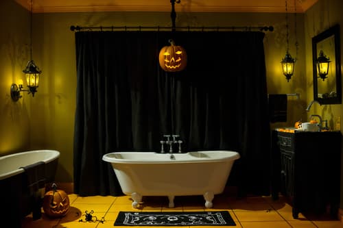 photo from pinterest of halloween-style interior designed (hotel bathroom interior) with bathroom sink with faucet and bathtub and bathroom cabinet and shower and bath rail and bath towel and waste basket and toilet seat. . with lanterns and spiderwebs and human skulls and yellow black balloons and lanterns and cobwebs and skeletons sitting and standing and glowing pumpkins. . cinematic photo, highly detailed, cinematic lighting, ultra-detailed, ultrarealistic, photorealism, 8k. trending on pinterest. halloween interior design style. masterpiece, cinematic light, ultrarealistic+, photorealistic+, 8k, raw photo, realistic, sharp focus on eyes, (symmetrical eyes), (intact eyes), hyperrealistic, highest quality, best quality, , highly detailed, masterpiece, best quality, extremely detailed 8k wallpaper, masterpiece, best quality, ultra-detailed, best shadow, detailed background, detailed face, detailed eyes, high contrast, best illumination, detailed face, dulux, caustic, dynamic angle, detailed glow. dramatic lighting. highly detailed, insanely detailed hair, symmetrical, intricate details, professionally retouched, 8k high definition. strong bokeh. award winning photo.