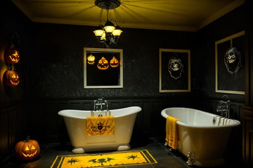photo from pinterest of halloween-style interior designed (hotel bathroom interior) with bathroom sink with faucet and bathtub and bathroom cabinet and shower and bath rail and bath towel and waste basket and toilet seat. . with lanterns and spiderwebs and human skulls and yellow black balloons and lanterns and cobwebs and skeletons sitting and standing and glowing pumpkins. . cinematic photo, highly detailed, cinematic lighting, ultra-detailed, ultrarealistic, photorealism, 8k. trending on pinterest. halloween interior design style. masterpiece, cinematic light, ultrarealistic+, photorealistic+, 8k, raw photo, realistic, sharp focus on eyes, (symmetrical eyes), (intact eyes), hyperrealistic, highest quality, best quality, , highly detailed, masterpiece, best quality, extremely detailed 8k wallpaper, masterpiece, best quality, ultra-detailed, best shadow, detailed background, detailed face, detailed eyes, high contrast, best illumination, detailed face, dulux, caustic, dynamic angle, detailed glow. dramatic lighting. highly detailed, insanely detailed hair, symmetrical, intricate details, professionally retouched, 8k high definition. strong bokeh. award winning photo.