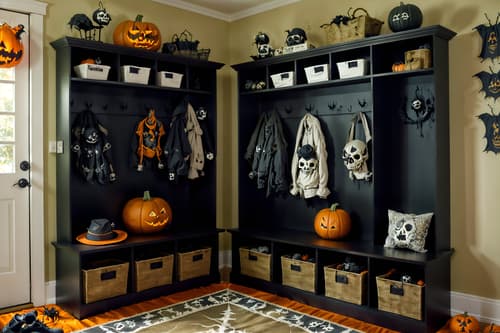 photo from pinterest of halloween-style interior designed (mudroom interior) with storage drawers and wall hooks for coats and high up storage and a bench and cubbies and storage baskets and cabinets and shelves for shoes. . with cobwebs and lanterns and cobwebs and spiderwebs and lanterns and skeletons sitting and standing and human skulls and glowing pumpkins. . cinematic photo, highly detailed, cinematic lighting, ultra-detailed, ultrarealistic, photorealism, 8k. trending on pinterest. halloween interior design style. masterpiece, cinematic light, ultrarealistic+, photorealistic+, 8k, raw photo, realistic, sharp focus on eyes, (symmetrical eyes), (intact eyes), hyperrealistic, highest quality, best quality, , highly detailed, masterpiece, best quality, extremely detailed 8k wallpaper, masterpiece, best quality, ultra-detailed, best shadow, detailed background, detailed face, detailed eyes, high contrast, best illumination, detailed face, dulux, caustic, dynamic angle, detailed glow. dramatic lighting. highly detailed, insanely detailed hair, symmetrical, intricate details, professionally retouched, 8k high definition. strong bokeh. award winning photo.