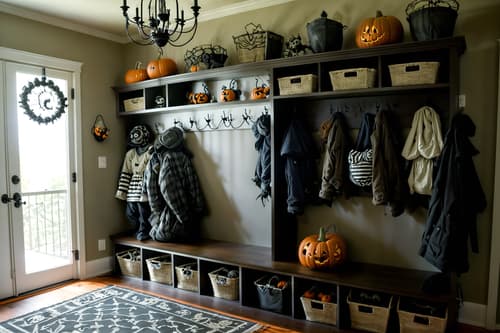 photo from pinterest of halloween-style interior designed (mudroom interior) with storage drawers and wall hooks for coats and high up storage and a bench and cubbies and storage baskets and cabinets and shelves for shoes. . with cobwebs and lanterns and cobwebs and spiderwebs and lanterns and skeletons sitting and standing and human skulls and glowing pumpkins. . cinematic photo, highly detailed, cinematic lighting, ultra-detailed, ultrarealistic, photorealism, 8k. trending on pinterest. halloween interior design style. masterpiece, cinematic light, ultrarealistic+, photorealistic+, 8k, raw photo, realistic, sharp focus on eyes, (symmetrical eyes), (intact eyes), hyperrealistic, highest quality, best quality, , highly detailed, masterpiece, best quality, extremely detailed 8k wallpaper, masterpiece, best quality, ultra-detailed, best shadow, detailed background, detailed face, detailed eyes, high contrast, best illumination, detailed face, dulux, caustic, dynamic angle, detailed glow. dramatic lighting. highly detailed, insanely detailed hair, symmetrical, intricate details, professionally retouched, 8k high definition. strong bokeh. award winning photo.