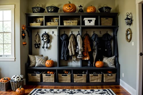 photo from pinterest of halloween-style interior designed (mudroom interior) with storage drawers and wall hooks for coats and high up storage and a bench and cubbies and storage baskets and cabinets and shelves for shoes. . with cobwebs and lanterns and cobwebs and spiderwebs and lanterns and skeletons sitting and standing and human skulls and glowing pumpkins. . cinematic photo, highly detailed, cinematic lighting, ultra-detailed, ultrarealistic, photorealism, 8k. trending on pinterest. halloween interior design style. masterpiece, cinematic light, ultrarealistic+, photorealistic+, 8k, raw photo, realistic, sharp focus on eyes, (symmetrical eyes), (intact eyes), hyperrealistic, highest quality, best quality, , highly detailed, masterpiece, best quality, extremely detailed 8k wallpaper, masterpiece, best quality, ultra-detailed, best shadow, detailed background, detailed face, detailed eyes, high contrast, best illumination, detailed face, dulux, caustic, dynamic angle, detailed glow. dramatic lighting. highly detailed, insanely detailed hair, symmetrical, intricate details, professionally retouched, 8k high definition. strong bokeh. award winning photo.