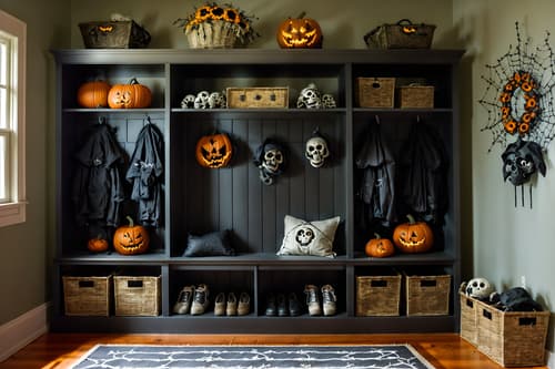 photo from pinterest of halloween-style interior designed (mudroom interior) with storage drawers and wall hooks for coats and high up storage and a bench and cubbies and storage baskets and cabinets and shelves for shoes. . with cobwebs and lanterns and cobwebs and spiderwebs and lanterns and skeletons sitting and standing and human skulls and glowing pumpkins. . cinematic photo, highly detailed, cinematic lighting, ultra-detailed, ultrarealistic, photorealism, 8k. trending on pinterest. halloween interior design style. masterpiece, cinematic light, ultrarealistic+, photorealistic+, 8k, raw photo, realistic, sharp focus on eyes, (symmetrical eyes), (intact eyes), hyperrealistic, highest quality, best quality, , highly detailed, masterpiece, best quality, extremely detailed 8k wallpaper, masterpiece, best quality, ultra-detailed, best shadow, detailed background, detailed face, detailed eyes, high contrast, best illumination, detailed face, dulux, caustic, dynamic angle, detailed glow. dramatic lighting. highly detailed, insanely detailed hair, symmetrical, intricate details, professionally retouched, 8k high definition. strong bokeh. award winning photo.