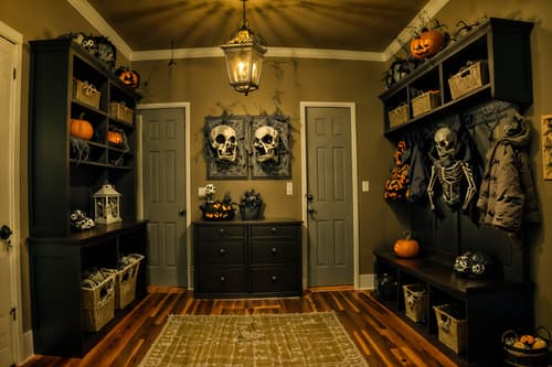 photo from pinterest of halloween-style interior designed (mudroom interior) with storage drawers and wall hooks for coats and high up storage and a bench and cubbies and storage baskets and cabinets and shelves for shoes. . with cobwebs and lanterns and cobwebs and spiderwebs and lanterns and skeletons sitting and standing and human skulls and glowing pumpkins. . cinematic photo, highly detailed, cinematic lighting, ultra-detailed, ultrarealistic, photorealism, 8k. trending on pinterest. halloween interior design style. masterpiece, cinematic light, ultrarealistic+, photorealistic+, 8k, raw photo, realistic, sharp focus on eyes, (symmetrical eyes), (intact eyes), hyperrealistic, highest quality, best quality, , highly detailed, masterpiece, best quality, extremely detailed 8k wallpaper, masterpiece, best quality, ultra-detailed, best shadow, detailed background, detailed face, detailed eyes, high contrast, best illumination, detailed face, dulux, caustic, dynamic angle, detailed glow. dramatic lighting. highly detailed, insanely detailed hair, symmetrical, intricate details, professionally retouched, 8k high definition. strong bokeh. award winning photo.